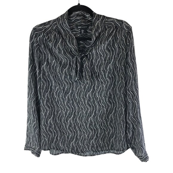 Jones New York Womens Blouse Tie Collar Geometric Polka Dot Black White M - Picture 1 of 3